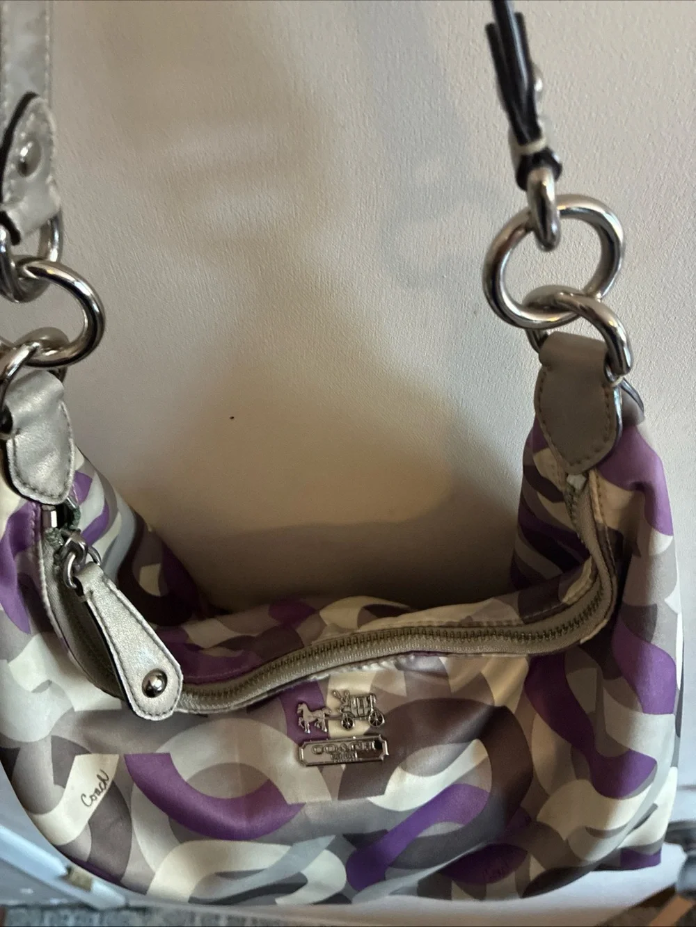 Authentic Coach-Madison Op-Art Sateen Hailey Hobo Bag Purp Gry Crm 14291 Y2K